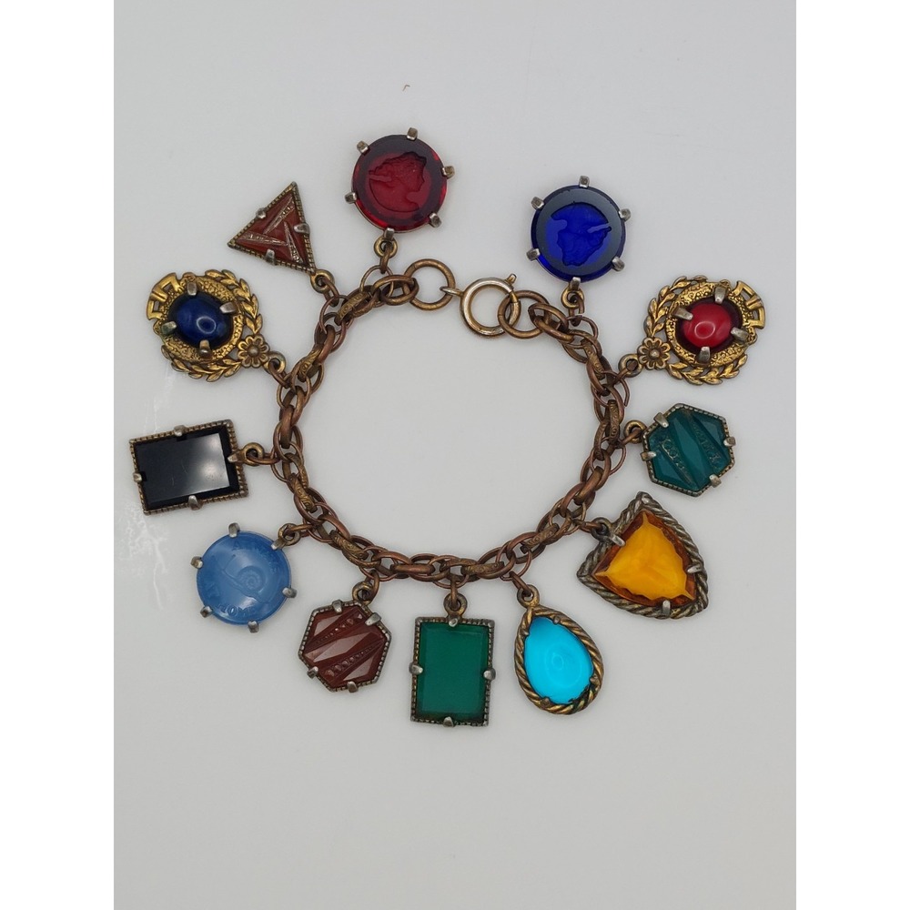 Charm Bracelet 1950s Czech Glass Intaglio Cameo Multicolor Art Boho Vintage MCM
